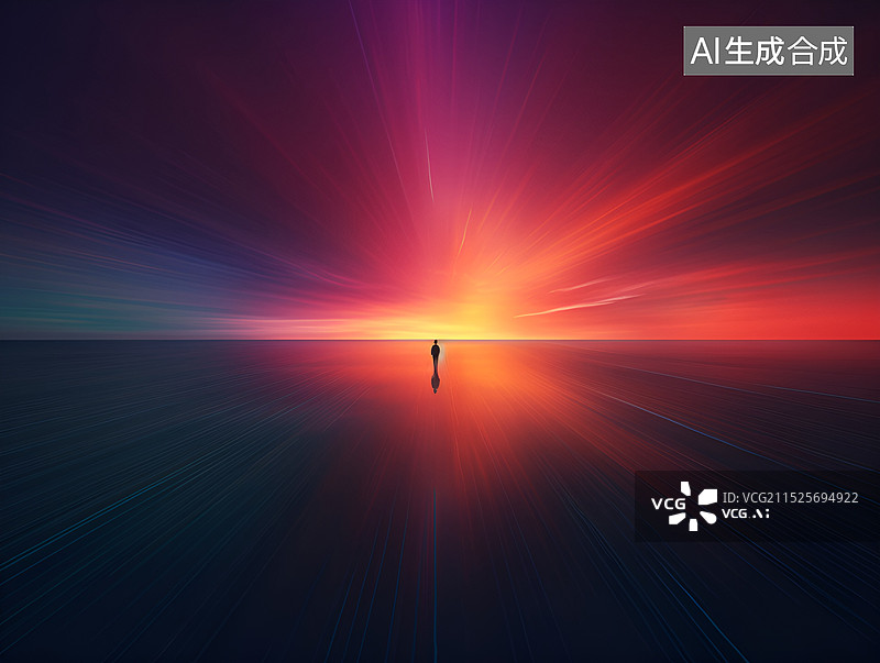 【AI数字艺术】一个人孤独在野外站在傍晚红色光线里图片素材
