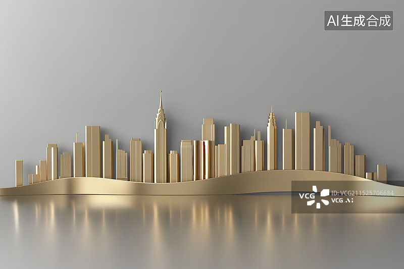 【AI数字艺术】浅金金属立体风格金融城市天际线插画图片素材