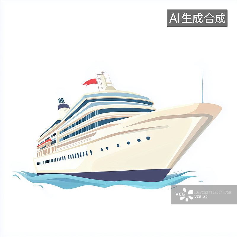 【AI数字艺术】卡通风格一艘大型白色游轮船桅杆红旗航海出海主题甲板出游图片素材