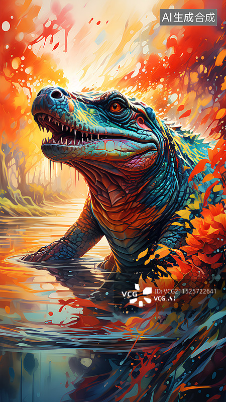 【AI数字艺术】动物主题插画 夕阳下的河里的鳄鱼图片素材