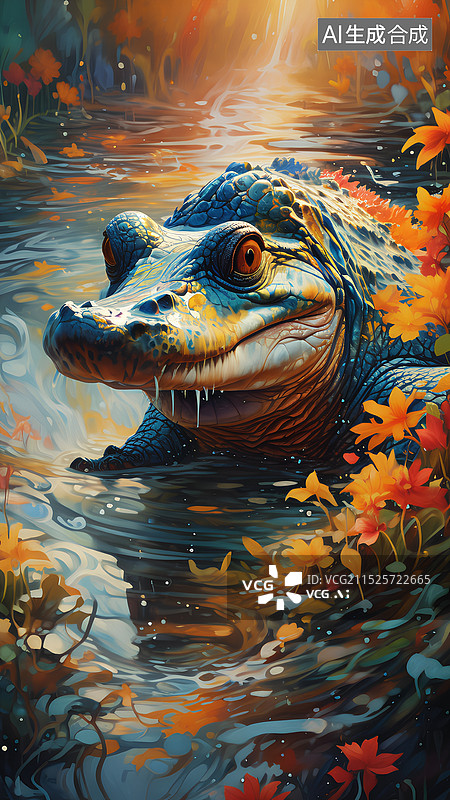 【AI数字艺术】动物主题插画 湖中鳄鱼特写镜头图片素材