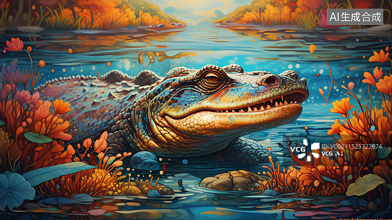 【AI数字艺术】动物主题插画 水中鳄鱼的特写镜头图片素材