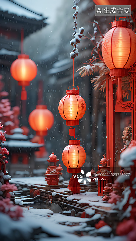 【AI数字艺术】古城灯笼三维插画图片素材