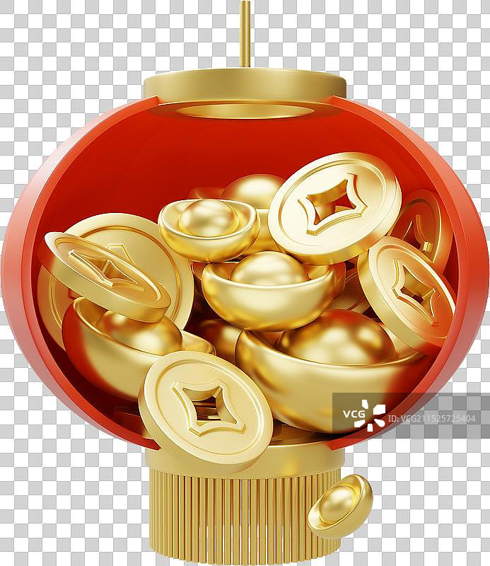 装满金元宝铜钱的红灯笼春节发财三维物体图片素材