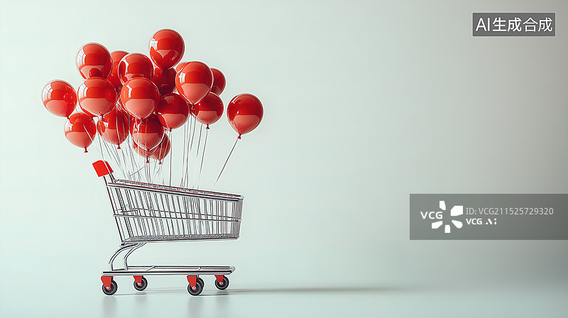【AI数字艺术】白色背景下红色气球和购物车的特写镜头图片素材