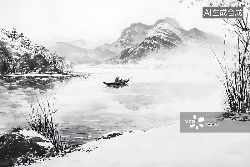 【AI数字艺术】水墨画，一个戴着斗笠披着蓑衣的老人在冰雪天气下的江面上钓鱼图片素材