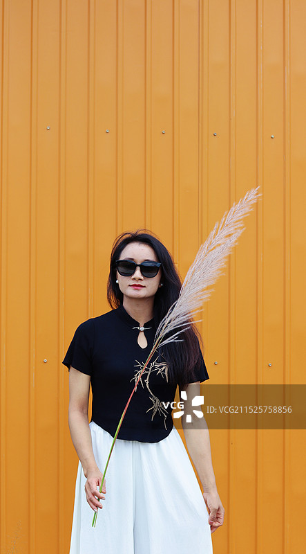 戴着墨镜的年轻女子站在黄色的墙上图片素材