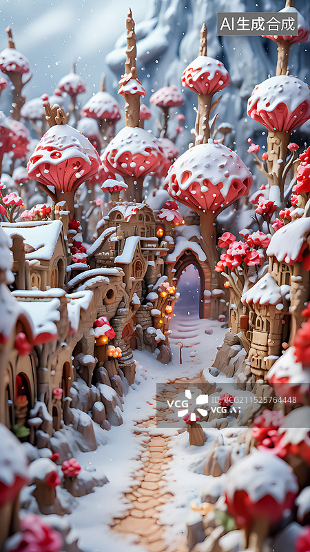 【AI数字艺术】冬天童话小镇三维插画图片素材