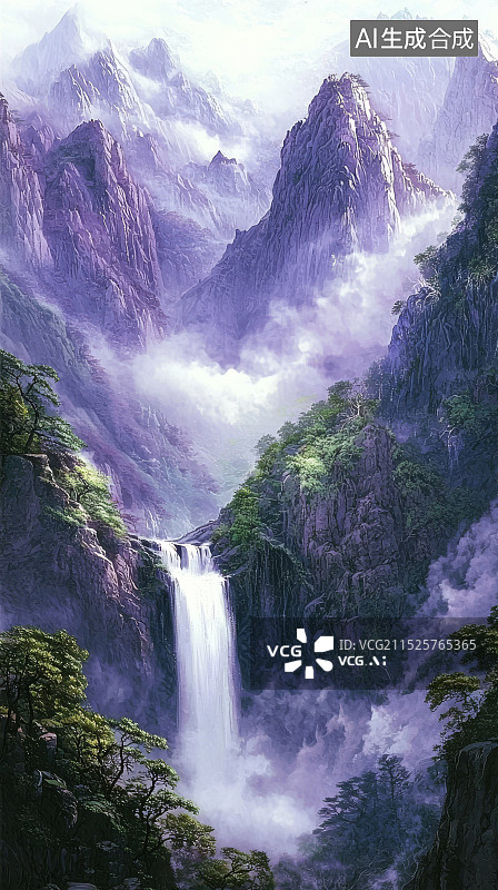 【AI数字艺术】山谷中的瀑布,日照香炉生紫烟，遥看瀑布挂前川图片素材