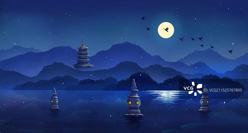 冬天西湖雷峰塔三潭印月夜色雪景古风插画图片素材