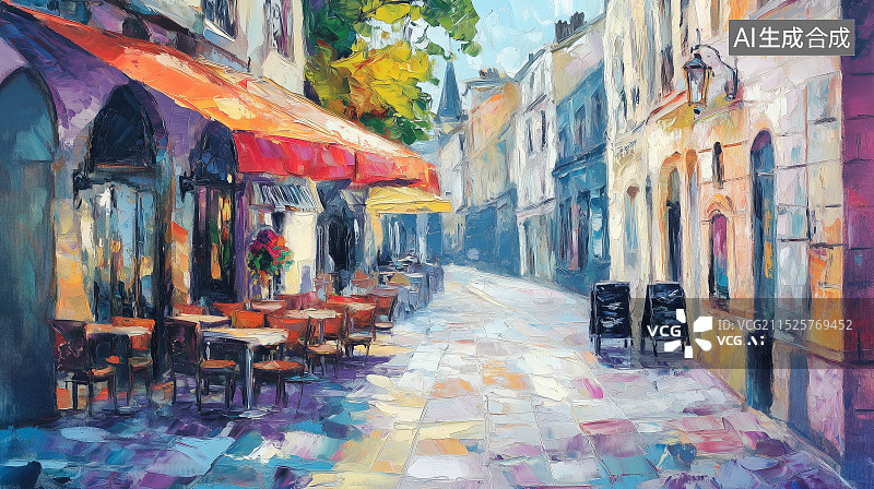 【AI数字艺术】印象派油画风欧洲街道背景图片素材