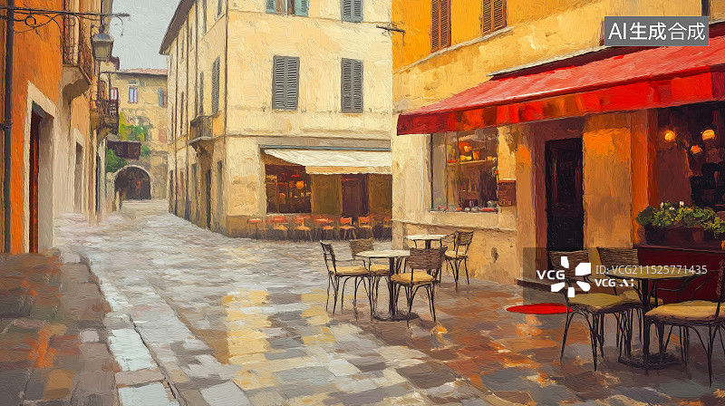 【AI数字艺术】印象派油画风欧洲街道背景图片素材