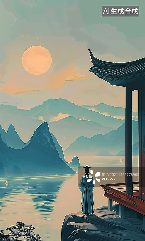 【AI数字艺术】古诗白日依山尽主题插画图片素材