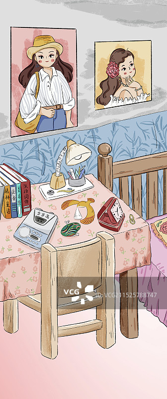 怀旧80年代卧室手绘插画图片素材