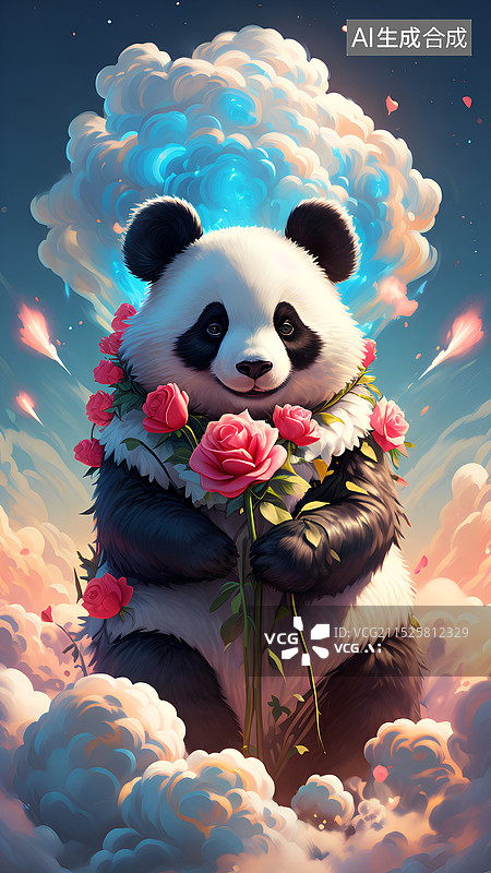 【AI数字艺术】大熊猫主题插画 云朵山拿着玫瑰花的大熊猫图片素材