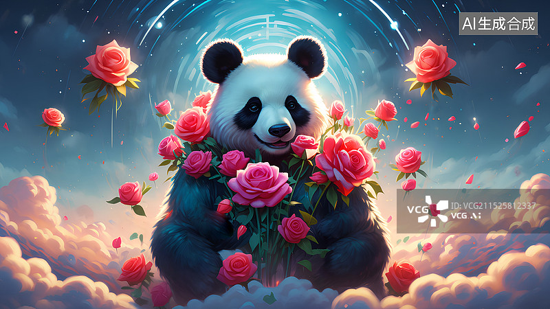 【AI数字艺术】大熊猫主题插画 云朵山拿着玫瑰花的大熊猫图片素材