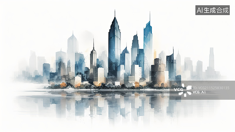 【AI数字艺术】现代城市摩天办公大楼建筑水墨插画图片素材