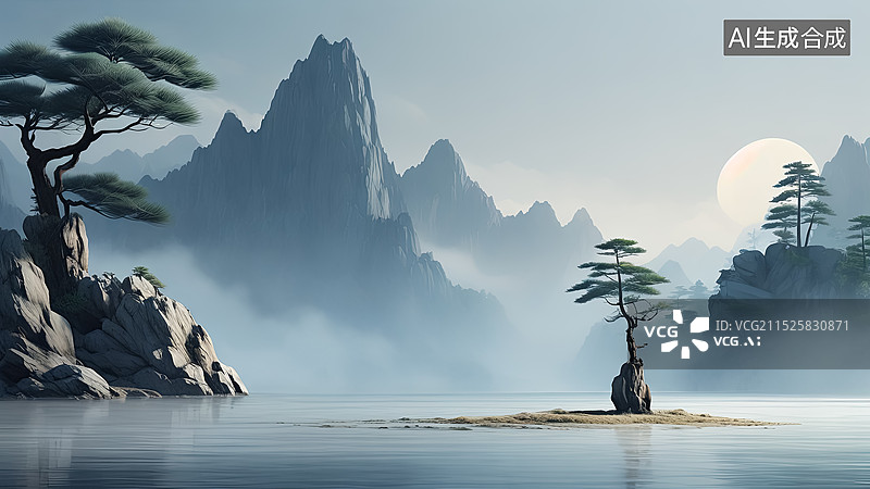 【AI数字艺术】国潮风格水墨山水插画图片素材