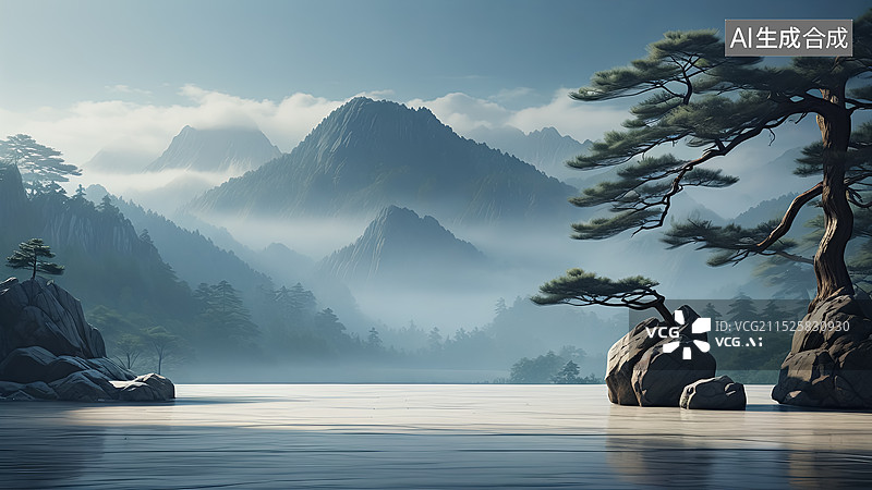 【AI数字艺术】国潮风格水墨山水插画图片素材