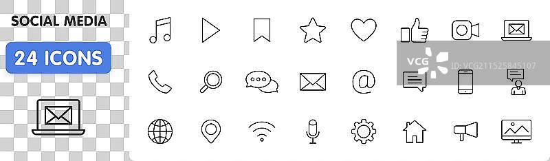24个线条风格的社交媒体网页图标图片素材