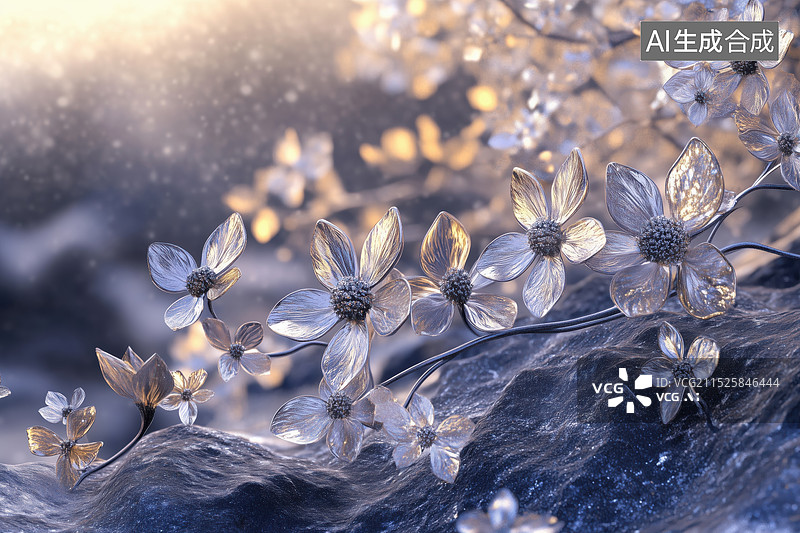 【AI数字艺术】夜晚神秘黑色岩石上荧光色的花3D立体插画图片素材