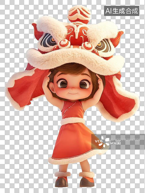 【AI数字艺术】可爱的小女孩带着舞狮帽子图片素材