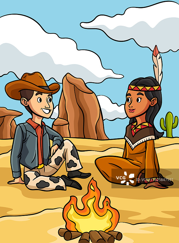 与美洲印第安女孩在一起的彩色卡通牛仔图片素材