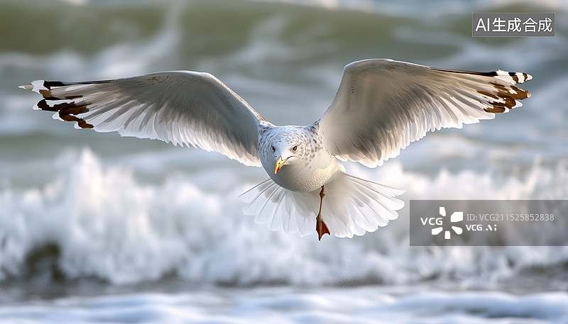 【AI数字艺术】一幅油画，画中一只海鸥翱翔在波涛汹涌的大海上方，天空白云朵朵图片素材