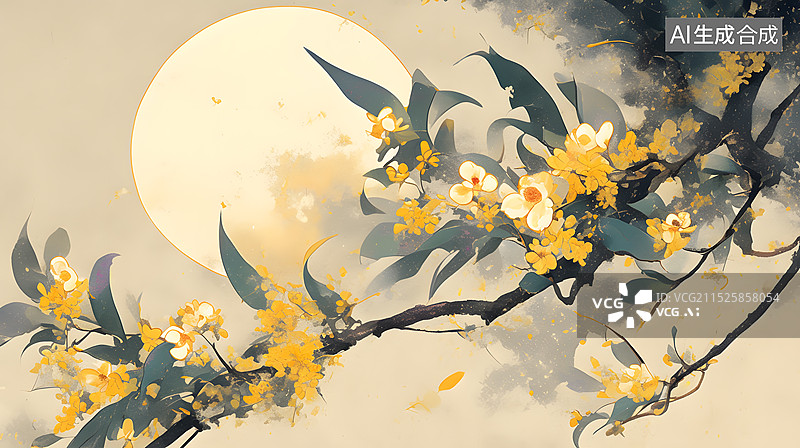 【AI数字艺术】中国风中秋节月亮桂花水墨画插画图片素材
