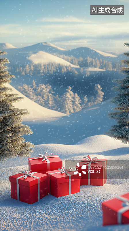 【AI数字艺术】年终大促电商购物节主题——圣诞节雪地里的红色礼物图片素材