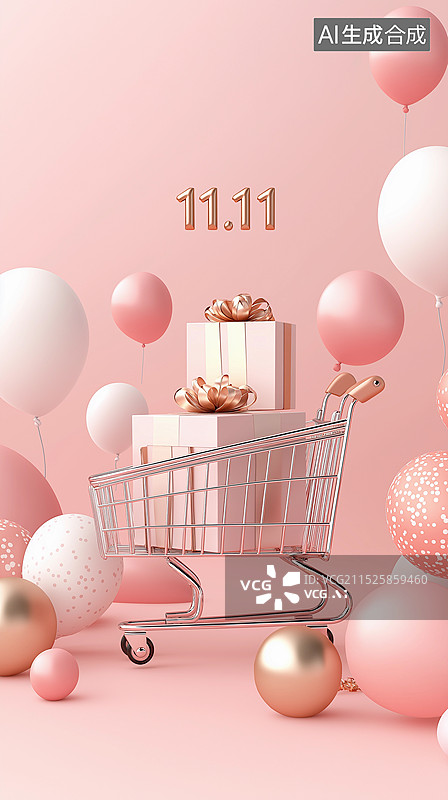 【AI数字艺术】双十一电商购物节主题海报——购物车与粉色礼物和气球图片素材