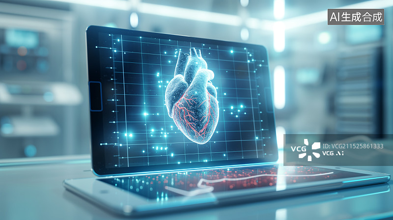 【AI数字艺术】电脑屏幕上显示一颗心脏三维图图片素材