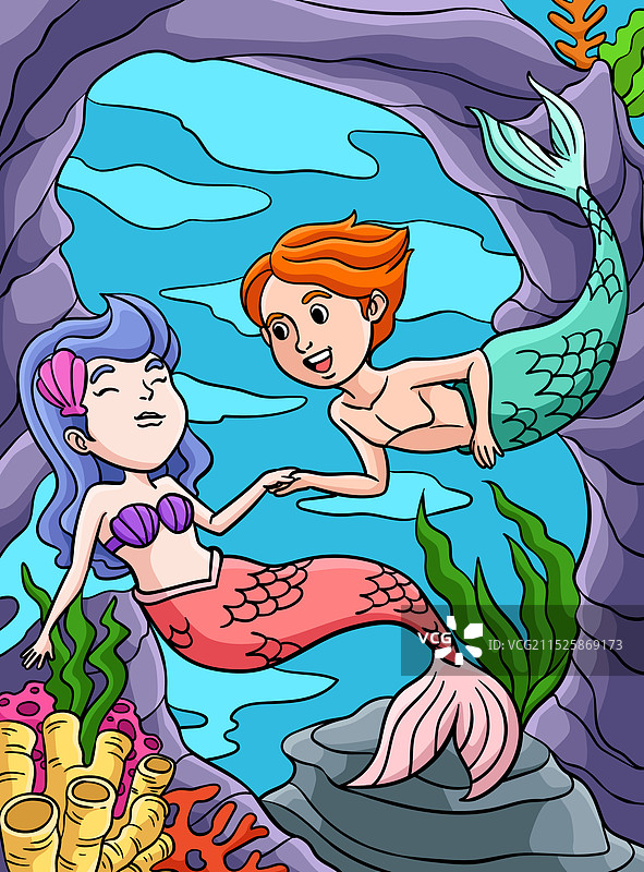 美人鱼和男性人鱼彩色卡通图片素材