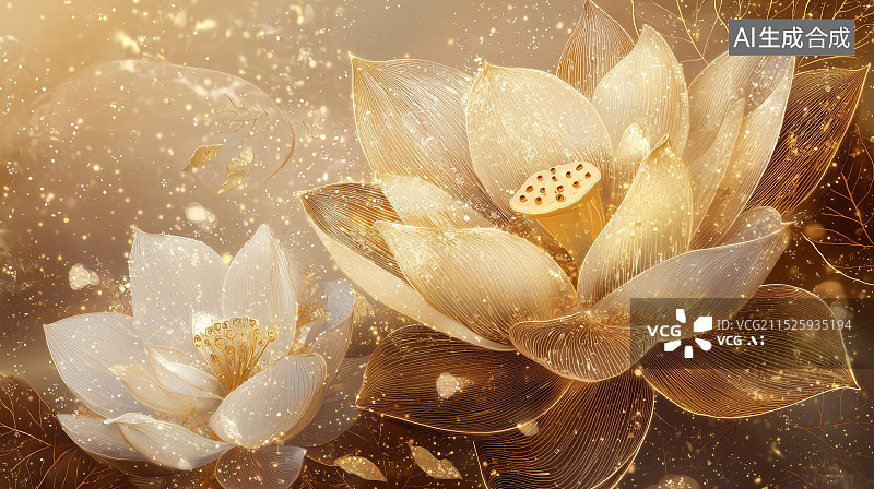 【AI数字艺术】金色光辉下的莲花艺术创作图片素材