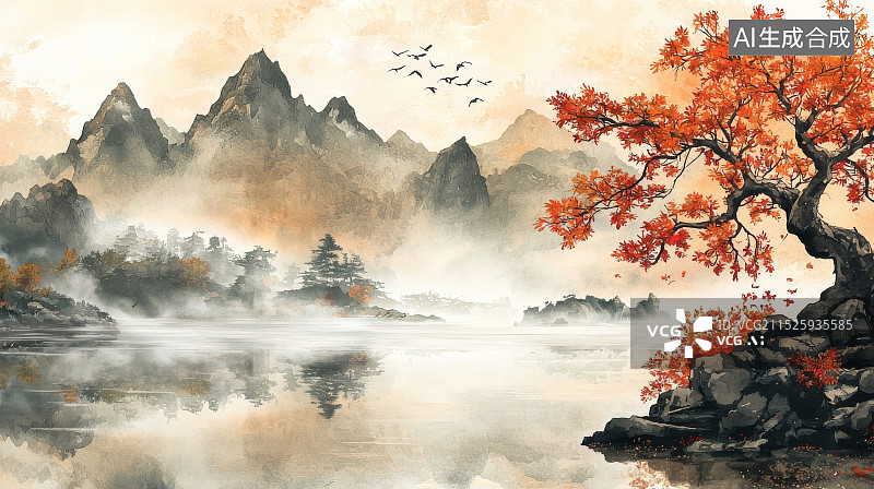 【AI数字艺术】秋季红叶山水画：静谧湖畔的孤树与远山图片素材