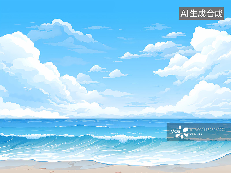 【AI数字艺术】夏日清新极简插画——蓝天、白云与大海图片素材
