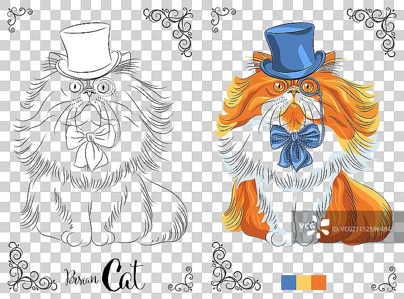 戴着高顶礼帽的波斯猫着色书页面图片素材