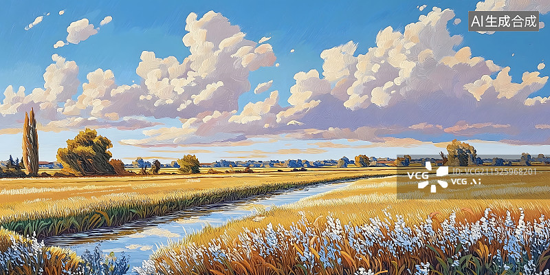 【AI数字艺术】油画风 风景 插画 金色麦田 田野 农村图片素材