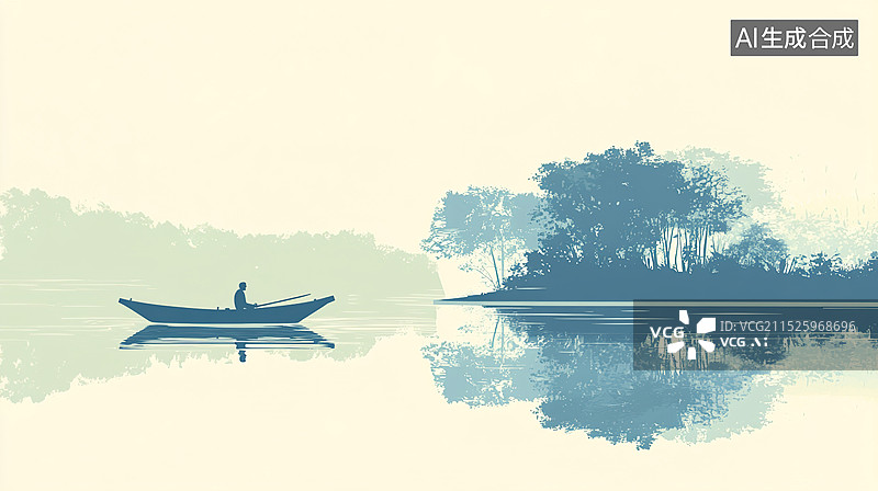 【AI数字艺术】中国水墨风山水插画一个人在一艘船上眺望远方孤单漂泊图片素材