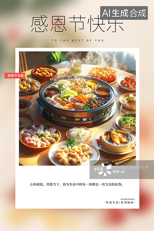 【AI数字艺术】热爱生活 月读计划 感恩节海报模版，一桌年夜饭菜品，海鲜大餐卡通图片，3D,C4D三维火锅  竖版图片素材