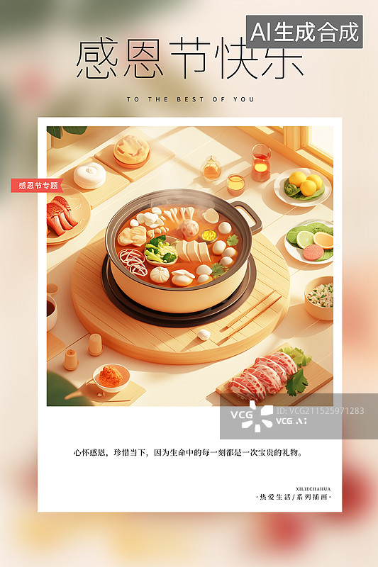 【AI数字艺术】热爱生活 月读计划 感恩节海报模版，一桌年夜饭菜品，海鲜大餐卡通图片，3D,C4D三维火锅  竖版图片素材