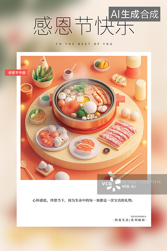 【AI数字艺术】热爱生活 月读计划 感恩节海报模版，一桌年夜饭菜品，海鲜大餐卡通图片，3D,C4D三维火锅  竖版图片素材