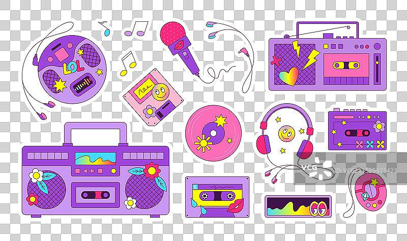 Y2K复古音乐卡带贴纸，90年代或80年代风格图片素材