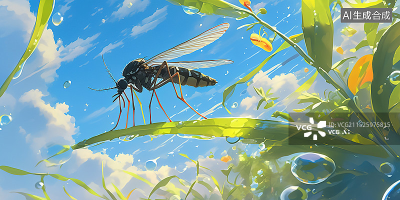 【AI数字艺术】户外一堆蚊子在飞植物自然景色动漫插画注意防范害虫图片素材