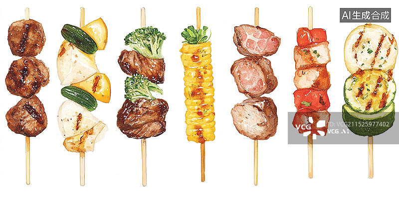 【AI数字艺术】夜间地摊经济水彩风格烧烤串炸串地方特色夜市美食插画图片素材