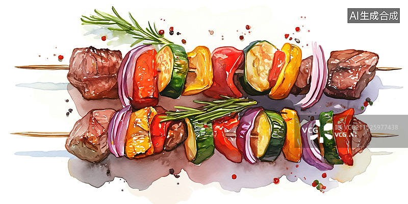 【AI数字艺术】夜间地摊经济水彩风格烧烤串炸串地方特色夜市美食插画图片素材