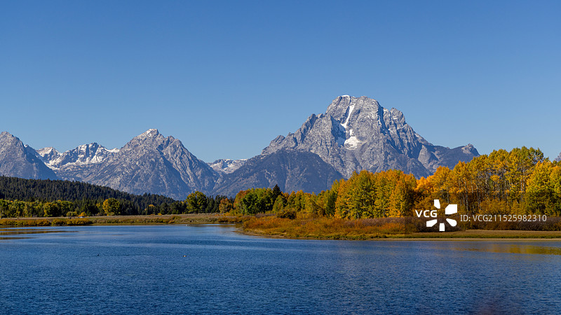 秋天雪山蓝天湖面金黄色杨树图片素材