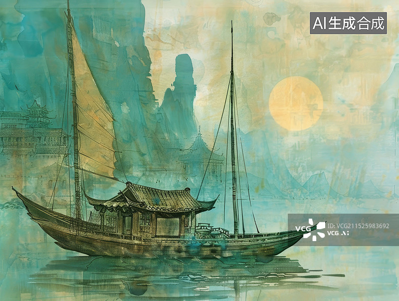 【AI数字艺术】移舟泊烟渚，日暮客愁新图片素材