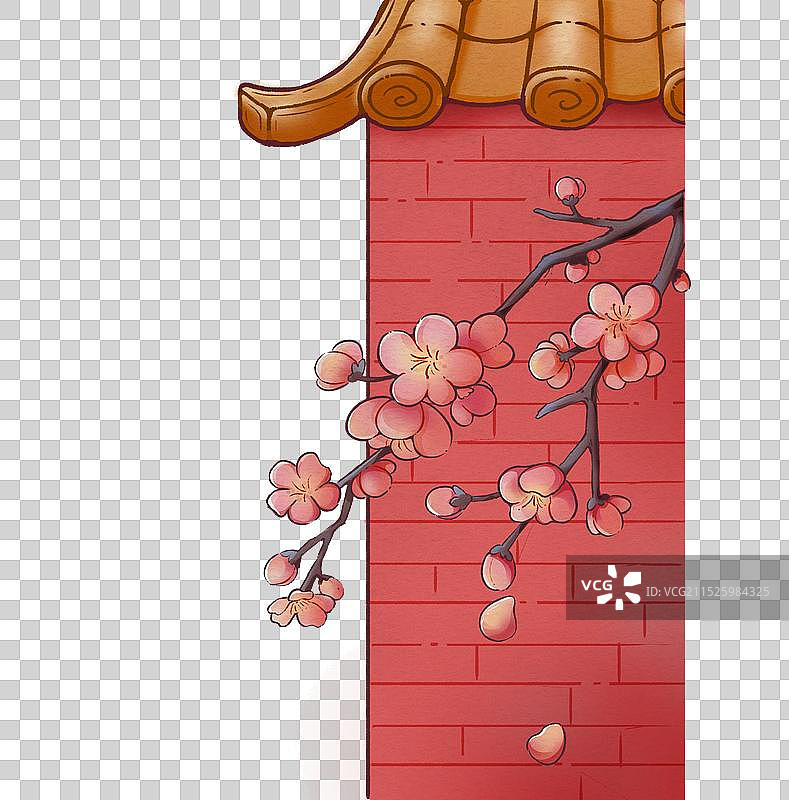 古代建筑红墙上的梅花插画元素图片素材