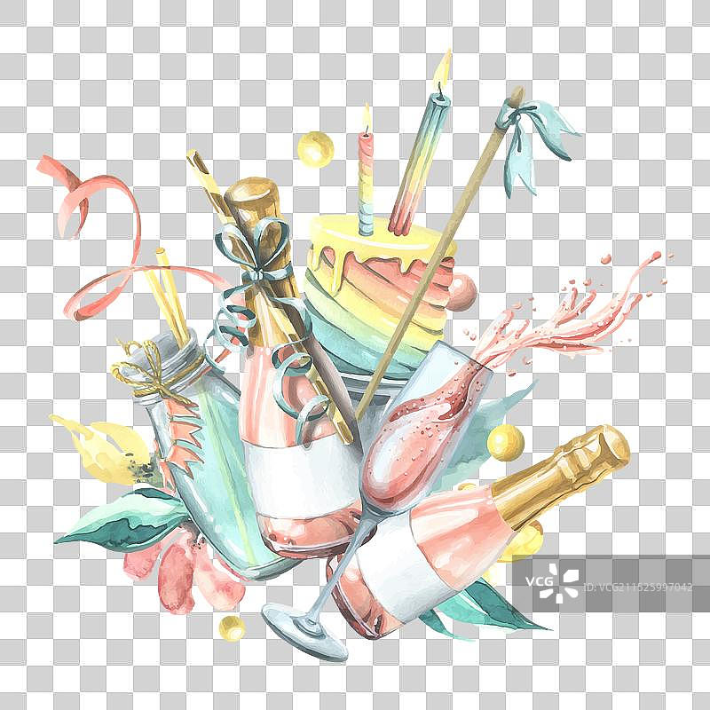 瓶装和玻璃杯中的粉色香槟图片素材